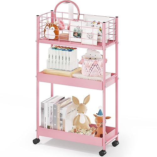 KINGRACK 3-Tier Rolling Utility Cart with Wheels, Metal Slim Storage Cart, Multifunctional Storage Organizer, Under Desk Cart for Kitchen, Office, Bathroom, Narrow Place, Pink - Pink - 3-Tier