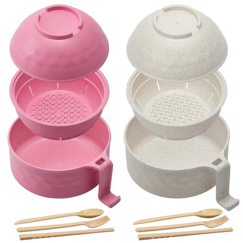 Romooa 2 Sets Microwave Ramen Cooker Bowl Set 33 oz Quick Ramen Cooker with Handles Ramen Noodle Cooker with Spoon Chopsticks Fork College Dorm Room Apartment Essentials(Beige, Pink) - Beige, Pink