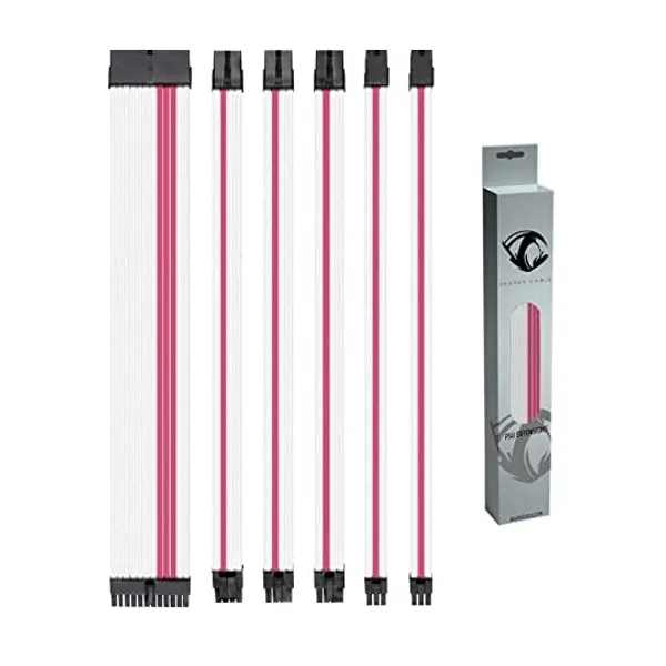 
                            Reaper Cable Sleeved PSU Extension Set - Power Supply Extensions - 1x 24 Pin/ 2X 8 Pin/ 2X 6 Pin/ 1x 4+4 Pin - with Combs - 30cm (White & Pink)
                        