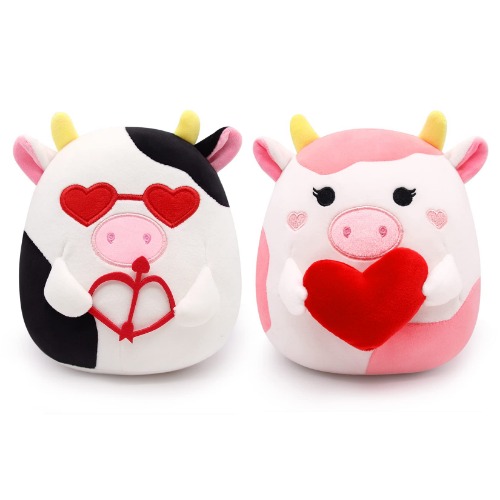 Cow Plush Pillow Toy, Valentines Day Plush Toy, 2Pcs Cow Stuffed Animal, Valentines Classroom Prize Gifts Exchange for Boys Girls, Valentines Day Decoration Gift for Boys Girls Adults