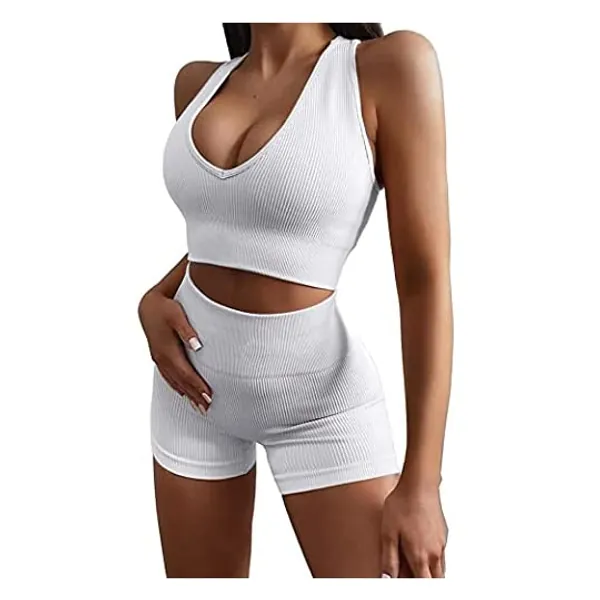 
                            Seamless Legging Sets for Women 2 Piece Workout Sets Ribbed Gym Clothes High Waist Running Shorts Yoga Outfits
                        