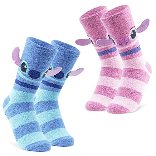 Disney Damen Socken, 2er Set Kuschelsocken Damen Flauschig mit ABS Stitch und Angel - Pink Blau Streifen