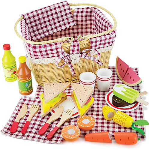Imagination Generation Slice & Share Picnic Basket - Wood Eats! Play Food Playset with Cutting Fruits, Veggies, Tablecloth and More - Great for Indoor & Outdoor Pretend Play (34 pcs.)