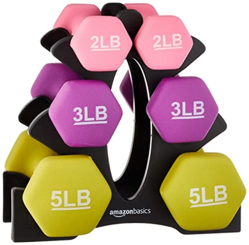 Amazon Basics Neoprene Workout Dumbbell - 20-Pounds total - 3 Pairs (2-Lb, 3-Lb, 5-Lb) & Weight Rack