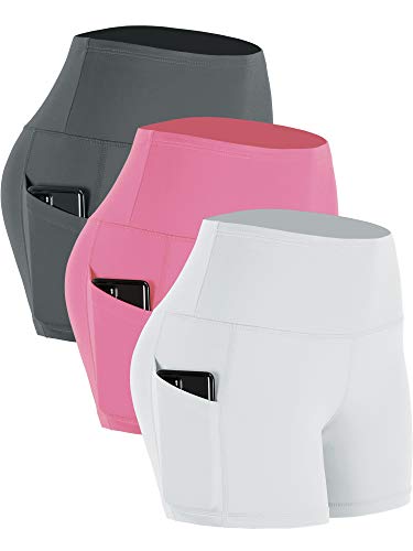 CADMUS Women's High Waist Yoga Shorts Spandex Running Side Pockets - X-Large - Pack of 3:16# Pink & Grey & White