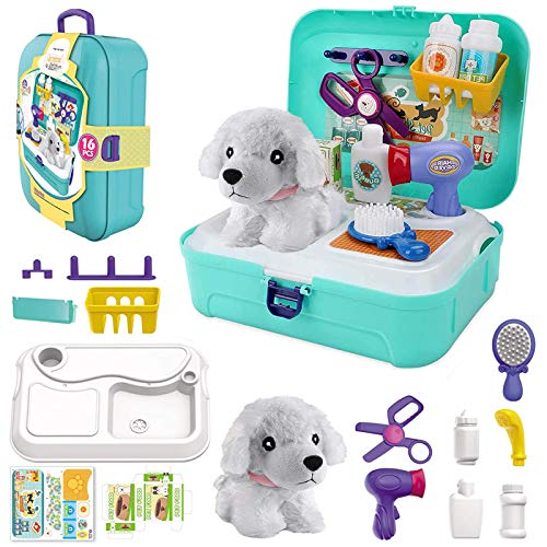 TEUVO Pet Care Play Set Doctor Kit for Kids, 16 Pcs Doctor Pretend Play Vet Dog Grooming Toys Puppy Dog Carrier Feeding Dog Backpack Gifts for Girls Boys 3-7 Years Old - Green