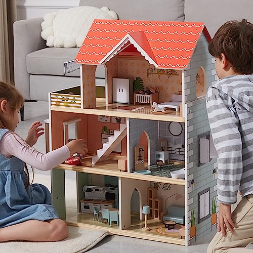 Giant bean Wooden Doll House, 2.6-ft Tall DIY Miniature Dollhouse Kit with Elevator, Doorbell & Light, 15 Pieces Furniture, Large Toy Gift for Kids Girls Ages 3+ - Dollhouse