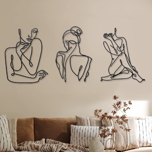 Photect 3 Pieces Metal Wall Art Decor Minimalist Abstract Woman Wall Art Modern Line Drawing Wall Art Decor Metal Female Single Line Wall Home Hanging for Bedroom Kitchen Bathroom Living Room (Black, Modern) - Modern - Black