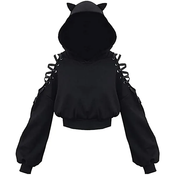 Womens Long Sleeve Cute Cat Ear Pullover Hoodie Crop Top Gothic Cold Shoulder Lace Up Y2k E-Girl Oversized Sweatshirt - Black a Medium