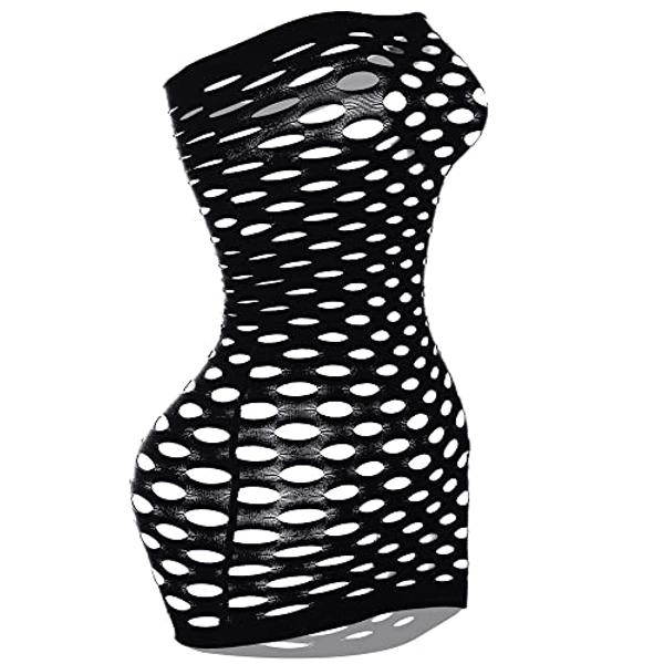 Vorifun Women Fishnet Lingerie V-Neck Sleepwear One Size One Piece Babydoll Mini Dress One Piece - Black
