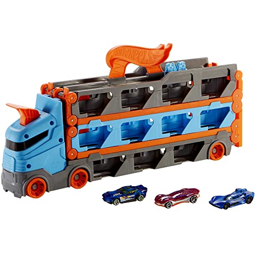 Hot Wheels Camión de transporte convertible en pista para coches de juguete, almacena 20 vehículos, incluye 3 die-casts (Mattel GVG37)