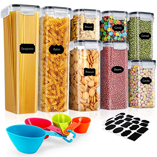 Recipientes para Cereales, Jarras de Almacenamiento de Almacenaje de Plástico Sin BPA con Etiquetas y Cucharas, Botes Cocina de Alimentos Herméticos para Cereales Harina, Pastas, café - Transparente - 2*2.8L+2*2L+2*1.4L+2*0.8L