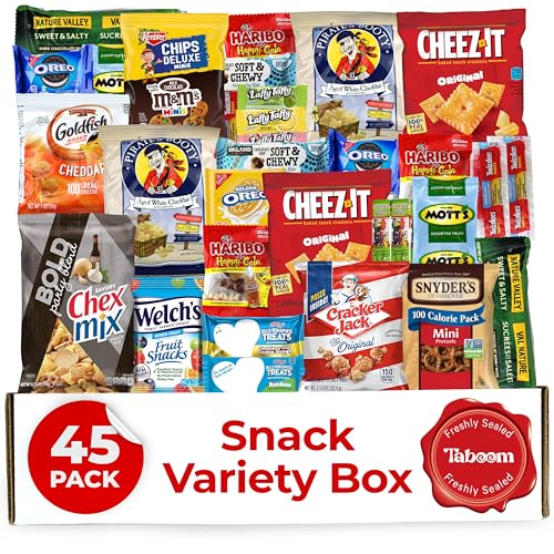 Snack Box (45 Pieces) Gift Care Package Basket for Adults Kids Office College - Perfect for Birthdays Holidays - Packed in a Beautiful Gift Box