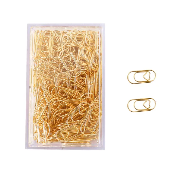 200 Pcs Small Gold Paper Clips Love Heart Shaped Paperclips Stainless Steel in Tinplate Paper Clips Holder for Office School Home Desk Organizers