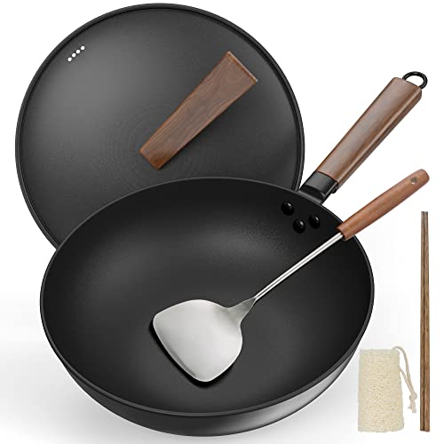 Bielmeier 13" Wok Pan, Woks and Stir Fry Pans with Lid, No Chemical Coated Wok with Spatula, Chopsticks and Loofah Root, Flat Bottom Carbon Steel Wok Suits for All Stoves… - Style-with Iron Lid