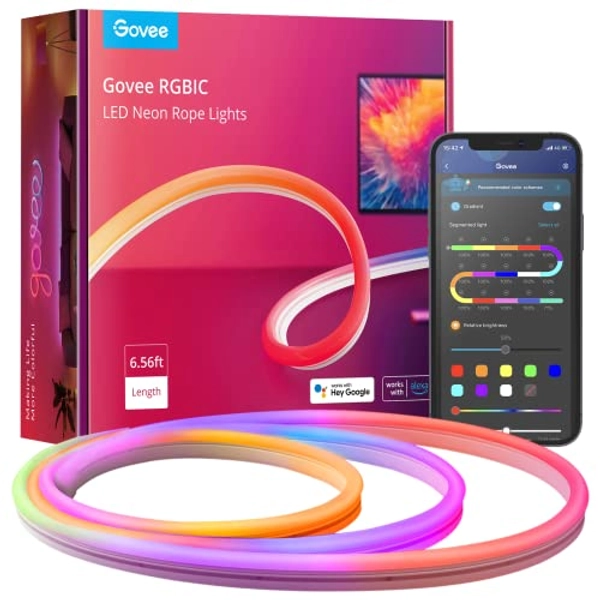 Govee RGBIC Neon Rope Lights, 6.56ft LED Rope Lights with Music Sync, DIY Shape, Works with Alexa and Google Assistant, LED Strip Lights for Bedroom, Gaming Room Christmas Decor (Not Support 5G WiFi)