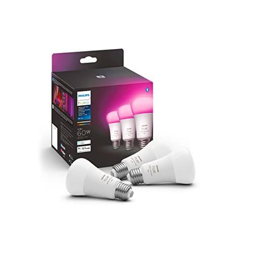 Philips Hue 60W A19 White and Color Ambiance LED Smart Color Changing Bulbs - Pack of 3 - E26 - Indoor - Control with Hue App - Works with Alexa, Google Assistant and Apple HomeKit - White & Color Ambiance - 3 Count (Pack of 1) - Base Lumen (60W)