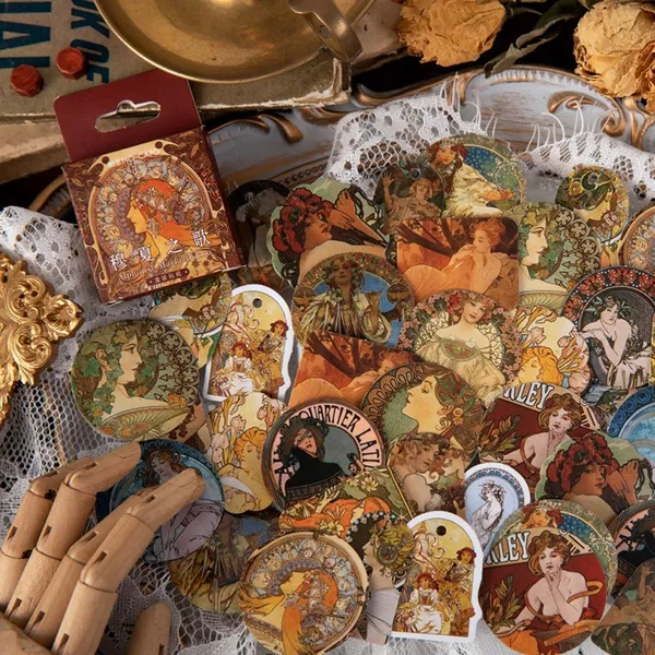 Alphonse Mucha Stickers, 46pcs Stickers Pack, Art Nouveau Sticker, Art Nouveau Briefpapier, Art Nouveau Gift, Junk Journal Sticker, Planner Sticker