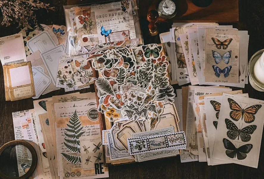 200 stuks retro natuur junk journal kit, bloemen sticker pack, memo deco papier, ephemera, vintage, bladeren, tuin, bos, bos, vlinder