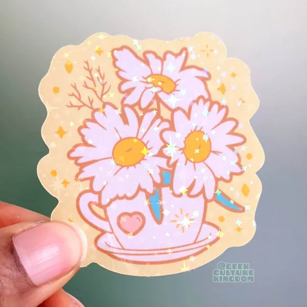 White daisy flower sticker. Floral holographic glitter stickers.