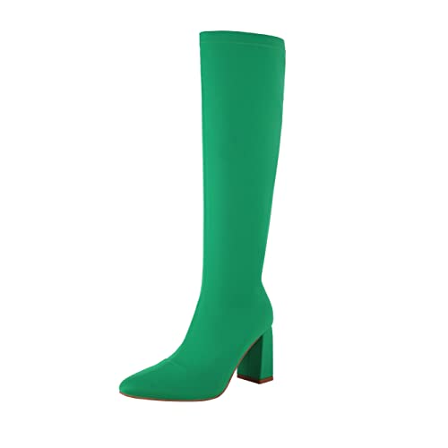 Reitoye Women's Knee High Boots Long Stretch Chunky Heel Pointed Toe Zipper Thigh High Boots - 8 - Green-knee