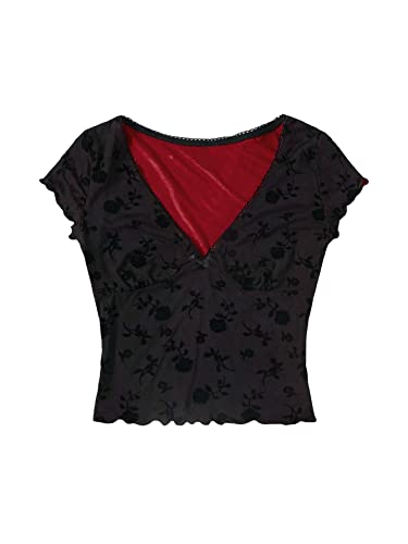 Floerns Women's Short Sleeve Lace Lettuce Trim Crop Top 90s Tee Shirt - Large - Black