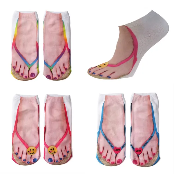 3D Pattern Manicure Print Socks Flip Flop Funny Hidden Comfort Running Socks Man Women Personalized Low Cut Ankle - 3- Flip Flop Socks