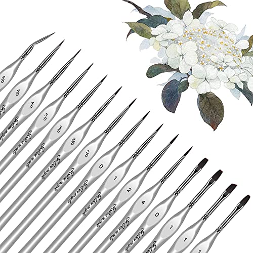 Golden Maple Detail Paint Brush Set, 15 PC Miniature Painting Brushes Kit Small Ultra Fine Paint Brush Set for Acrylic, Enamel, Watercolor, Oil, Face, Scale Model Painting - Silver