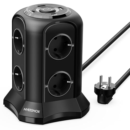 NVEESHOX Power Socket Tower with USB C | 8 Sockets, 2 USB-A & 2 USB-C, Overvoltage Protection, 4000W 16A mit 2M Extension Cord for Home, Office (Black) - Black