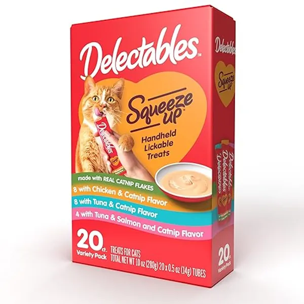 Delectables Squeeze Up Catnip Variety Pack, Creamy Squeezable Puree, Lickable Wet Cat Treats, Grain Free, No Added Fillers, No by-Products, No Added Preservatives, 0.5 Ounces Tube, 20 Tubes Total