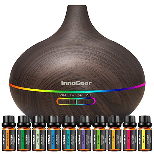 InnoGear Aromatherapy Diffuser & 10 Essential Oils Set, 400ml Diffuser Ultrasonic Diffuser Cool Mist Humidifier with 4 Timers 7 Colors Light Waterless Auto Off for Large Room Office, Dark Wood Grain - Dark Wood Grain