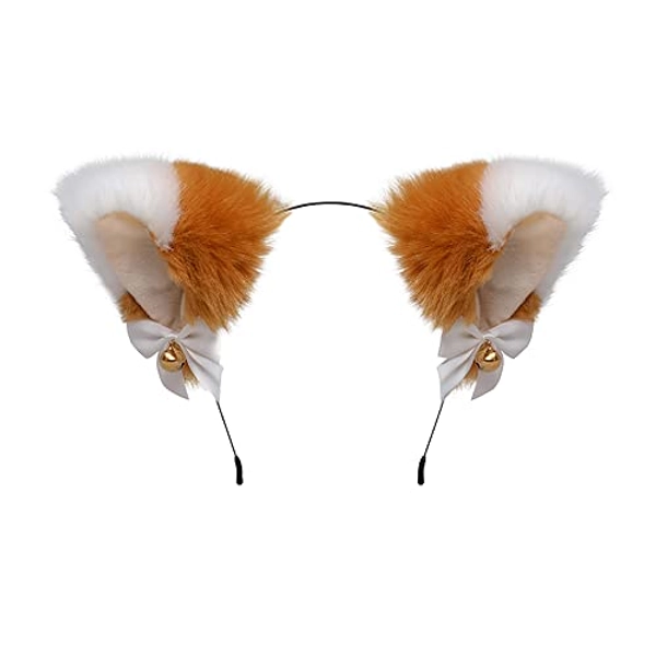 Animal Faux Fur Cat Dog Ears Headbands with Bells Lovely Flexible Hair Accessory Halloween Cosplay Costume Party Dress Girls (R) - R