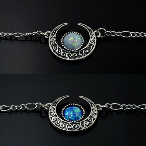 'Enchanted' Synthetic Opal Crescent Moon Witchy Necklace - blue