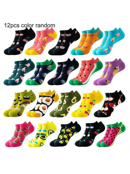 12 Pares Calcetines Cortos Casuales De Patrón De Frutas De Moda Para Mujer En Aguacate, Sandía, Cereza, Adecuados Para Uso Diario
