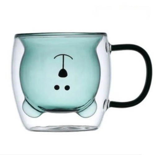 Cute Colorful Bear Double Wall Heat Resistant Glass Coffee Cup - Handle Blue / 201-300ml