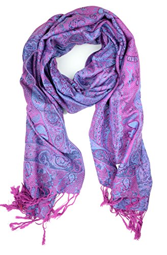 Plum Feathers Pashmina Scarf with Ethnic Tapestry Style Paisley Pattern - 67" x 28" Everyday Pashmina Travel Wrap and Shawl - Purple Tapestry