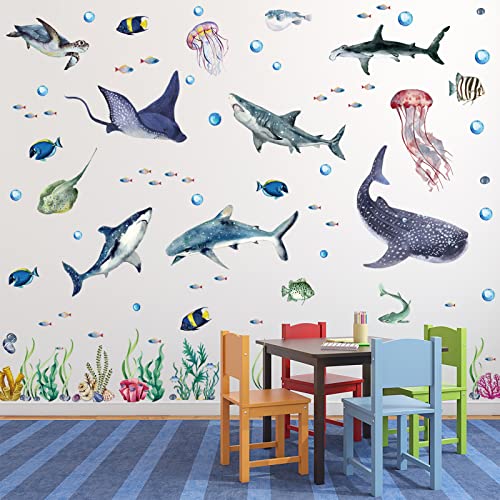 3 Pieces Large Watercolor Sharks Wall Decals Ocean Animal Peel and Stick Wall Sticker Under The Sea Marine Life Theme Decals Nursery Room Home Decor Boy Girl Kid Party Supply, 11.2 x 34.6 Inches