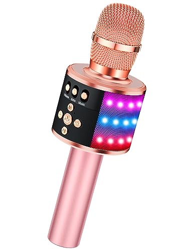 BONAOK Bluetooth Wireless Karaoke Microphone with LED Lights,4-in-1 Portable Handheld Mic with Speaker Karaoke Player for Singing Home Party Toys Birthday Gift for Kids Adults Girls Q78(Rose Gold) - Rose Gold