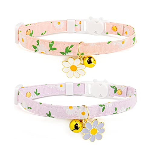 2 Pack Cotton Breakaway Cat Collar with Bell,Pink&Purple Flowers Pendant Cute Cat Collar Kitten Collar,Ideal for Girl Cats Boy Cats - A-Pink&Purple