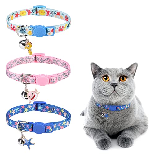 DILLYBUD 3 Pack Breakaway Cat Collars with Bell- Ocean Pendant Spring Cat Collar for Girl Boy Cats with Safety Buckle- Cute Kitten Collar Adjustable 8"-12" for Kitty Puppy Small Pets - Ocean
