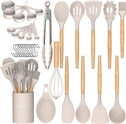 Umite Chef Kitchen Cooking Utensils Set, 33 pcs Non-Stick Silicone Cooking Kitchen Utensils Spatula Set with Holder, Wooden Handle Silicone Kitchen Gadgets Utensil Set (Khaki) - Khaki