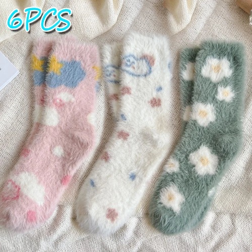 Cozy Colorful Fluffy Plush Tube Socks - 3pairs-pink white green / One Size