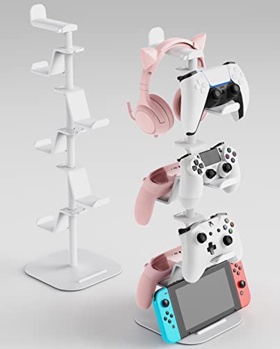 MiiKARE Controller Holder 6 Tiers with Headphone Holder, Adjustable Gaming Controller Headset Stand, Game Controller Stand for All Xbox PS4 PS5 Switch Pro Crontroller Gaming Accessories - White - White