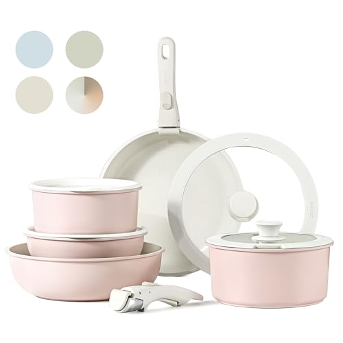 CAROTE 11pcs Pots and Pans Set, Nonstick Cookware Sets Detachable Handle, Induction Kitchen Cookware Set Non Stick with Removable Handle, Oven Safe, RV Cookware Set, Pink Granite - Pink - 11 pcs Granite Set