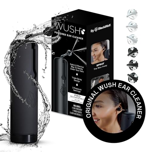 Wush Pro by Black Wolf - The Original Deluxe Water Powered Ear Cleaner with 6 Reusable Replacement Tips by Black Wolf - Safe & Effective for Ear Wax Buildup - Electric Ear Wax Removal Kit - Black