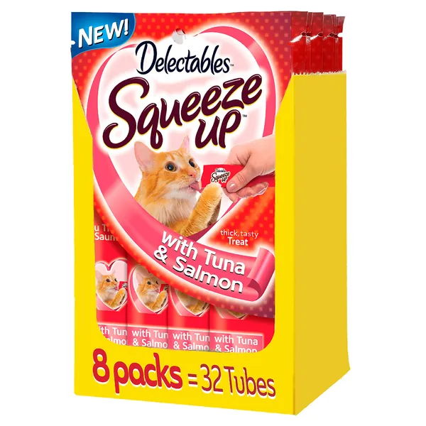 Hartz Delectables Squeeze Up Interactive Lickable Wet Cat Treats for Adult & Senior Cats, Multiple Flavors - Tuna & Salmon 0.5 Ounce (Pack of 32)
