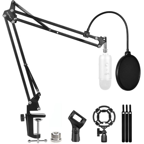 Microphone Stand for Blue Yeti, Boom Arm Scissor Mic Stand with Windscreen and Double layered screen Pop Filter Heavy Duty Mic Boom Scissor Arm Stands, Broadcasting and Recording.Game - Boom arm