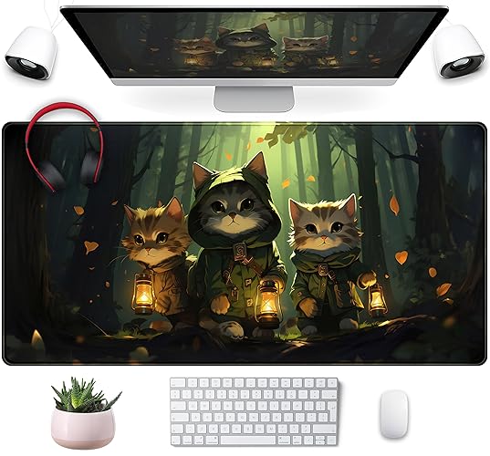 Forest Cats Desk Mat Anime Cat Desk Pad Cute, Kawaii Green Mouse Pad XXL, Large Extended Gaming Mousepad Keyboard Mouse Mat with Stitched Edges, Home Office Decor Pad for Women Girl 31.5x15.75 in - Dark Green Cartoon Cat
