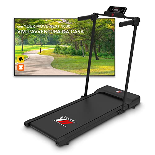 YM Tapis Roulant Elettrico Pieghevole 10 km/h, Tappeto Corsa Extra Large (42 cm), Brand Italiano, Telaio rinforzato, APP Kinomap & Zwift, Salvaspazio, 12 Programmi, Bianco e Nero, NEXT 1000 Your Move - Nero
