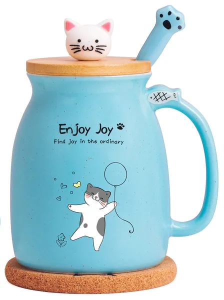 Cat Coffee Mug Cute Blue Ceramic Cup with Kawaii Wooden Kitty Lid , Lovely Cat Claw Spoon, Anime Wooden Cat Coaster,Novelty Coffee Mug Birthday Mug Gift for Girl Kids Kitten Gift for Cat Lovers 480ML